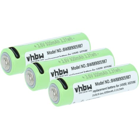 vhbw 3x batería reemplaza Ledlenser 14500, 502596 para linterna. linterna frontal (0,92 Ah, 3,6 V, Li-Ion)
