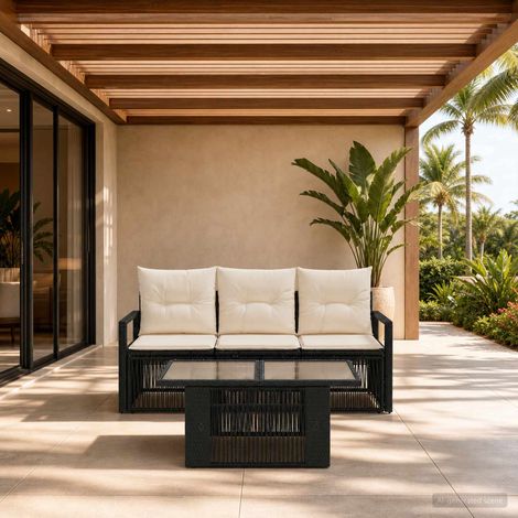 vidaXL Set Divano da Giardino 4 pz Nero e Bianco Crema polyrattan (1/5)