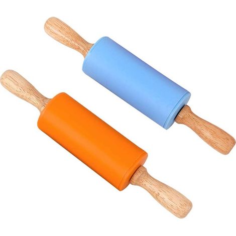 Lot de 2 rouleaux à pâtisserie pour enfants, manches en bois de chêne, rouleaux en silicone antiadhésif, 23 cm (1/5)