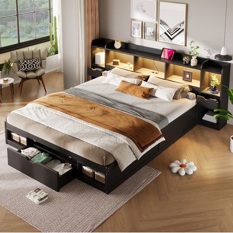 Letto a piattaforma 222x250x85 cm, con vani portaoggetti e 3 cassetti, LED con 7 colori, MDF e compensato nero (1/5)