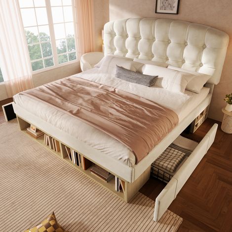 Lit rembourré 140x190 en velours beige avec lattes, tête de lit réglable et tiroirs (1/5)