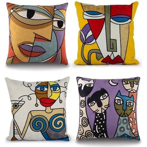 Pdir Lot de 4 Housses de Coussin - Broderie Picasso Art Carré - 45 x 45 cm (1/3)