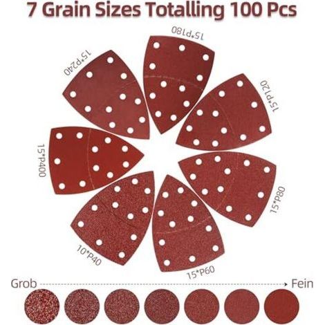 Lot de 100 Papier Abrasif pour Ponceuse, 105 mm x 152 mm, Grain P40/60/80/120/180/240/400, Triangles de Ponçage pour Bosch PSM 100A, PSM 160, PSM 200 AES, PSM 18, PDA 180, PSM 160 A (1/4)