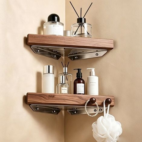 Étagère d'angle de douche double couche en acier inoxydable, trépied flottant en bois de noyer, étagère de rangement pour salle de bain et cuisine (1/5)