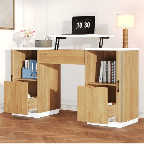 MODFU – Scrivania regolabile 140x50 cm in MDF con altezza 78/92 cm, vano nascosto, 2 cassetti e 2 nicchie – Bianco/rovere (1/5)