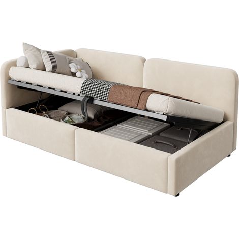 CHICFURN Lit coffre capitonné 90x200 en tissu beige, canapé-lit avec rangement hydraulique, tête de lit réversible, idéal chambre enfant, ado ou invité (1/5)