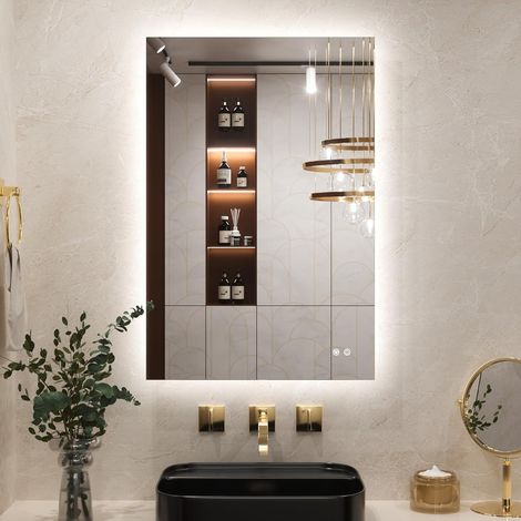 Miroir Salle de Bain LED 60x90cm, Miroir Carré Rétroéclairé Antibuée, 3 Couleurs Lumière, Gradable, Mémoire, Verre Trempé IP44 Étanche, Horizontal/Vertical (1/5)