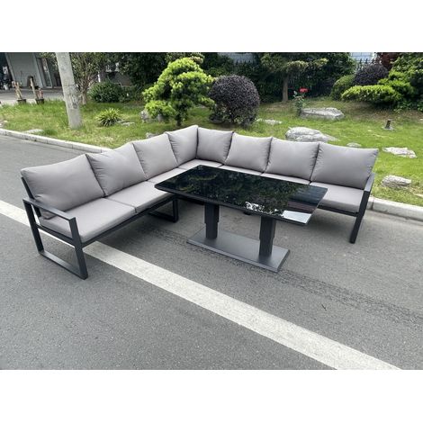 Fimous Aluminum Outdoor Garden Furniture Corner Sofa Adjustable Rising Lifting Dining Table Sets Black Tempered Glass Dark Grey 7 Seater (1/5)