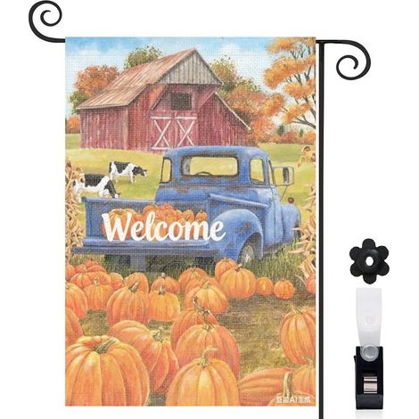 Drapeau de jardin décoratif 30 x 45 cm motif ferme et camion avec citrouilles toile double face pour saison automnale (1/5)