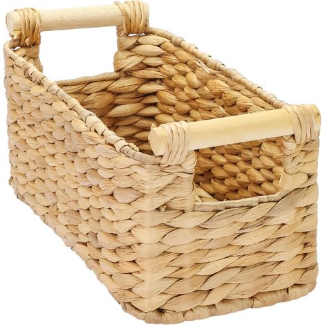 panier de rangement salle de bain en jacinthe d'eau avec poignées en bois 30 x 15 x 13 cm