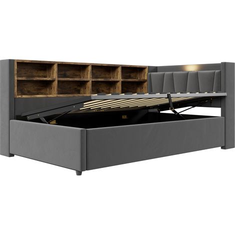 Cama tapizada 90 x 200 cm de terciopelo gris oscuro con almacenaje y carga USB (1/5)