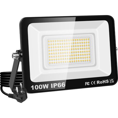 Outdoor LED Floodlight with Plug, 100W 10000LM IP66 Waterproof, Warm White 3000K Spotlight for Garden, Garage, Terrace (1/5)