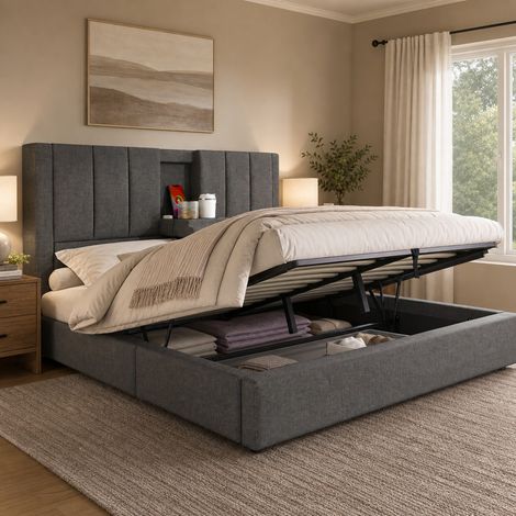 Cama matrimonio elevable con almacenaje lino 180x200 gris DESVIAE (1/5)