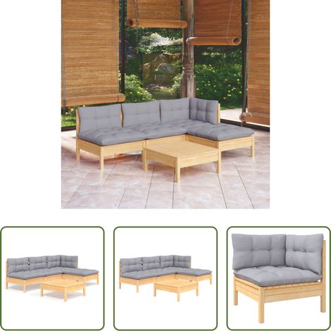 Holzgartenmöbel - 5-tlg. Garten-Lounge-Set mit Grauen Kissen Kiefernholz (1/5)