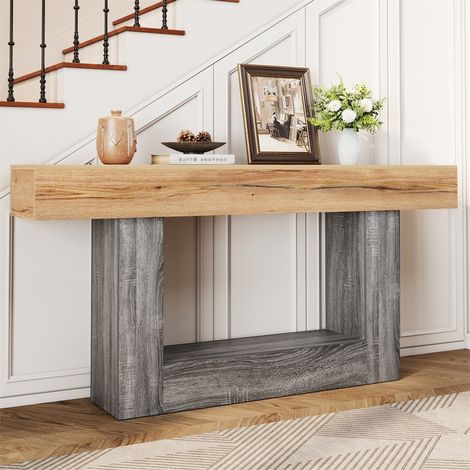 Console Bicolore Effet Bois Naturel - 160x30x82,5 cm - Table d'Entrée Longue avec Double Plateau et Structure en U-Naturel et Gris (1/5)