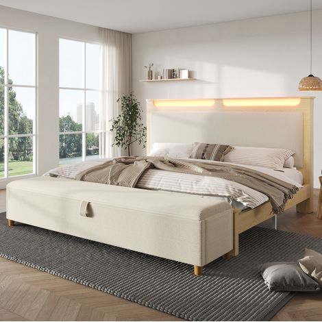 DESVIAE Lit double 160 x 200 cm avec tête de lit à rangement LED banc coffre velours côtelé beige décor chêne clair matelas inclus (1/5)