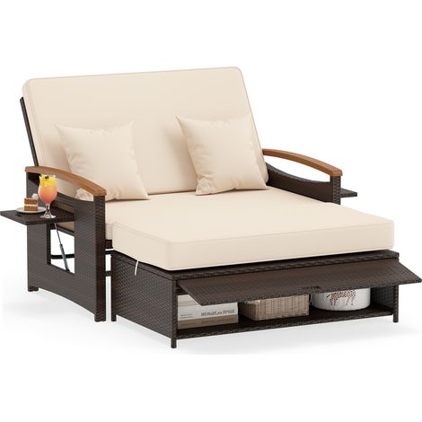 Canapé à 2 Places en Rotin avec Ottoman de Rangement et Coussins, Charge 360KG, Plateau Latéral Pliant, Dossier Réglable 4 Positions, Jaune(Style B) (1/5)