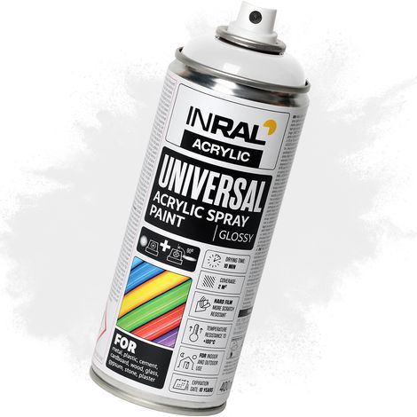Peinture aérosol acrylique INRAL - bombe spray multi-support RAL9010 blanc pur brillant, séchage rapide, intérieur/extérieur - 400 ml