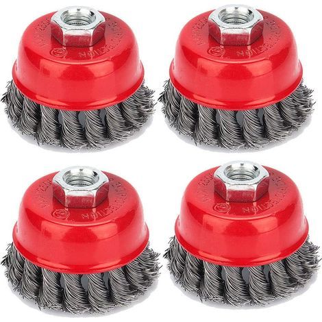 Lot de 4 brosses coniques, meuleuses, brosse métallique, brosse coupelle torsadée, brosses de ponçage pour meuleuse d'angle, élimination de la corrosion, Ø 75 mm, M142 (1/5)