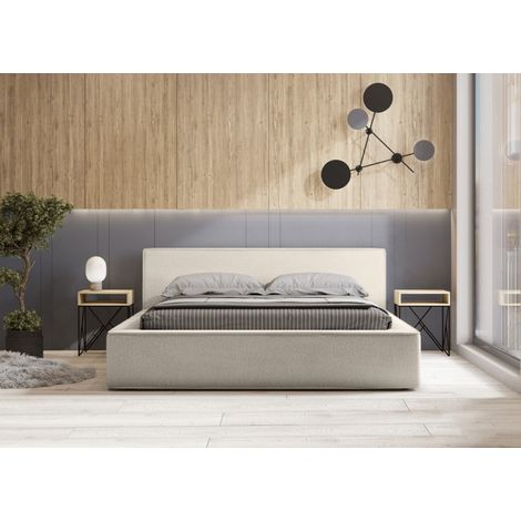 Lit coffre VELORA – Sandfarbene Bouclé – 180x200 cm – Wollstoff-Effekt – Lattenrost zum Anheben – Integrierter Stauraum