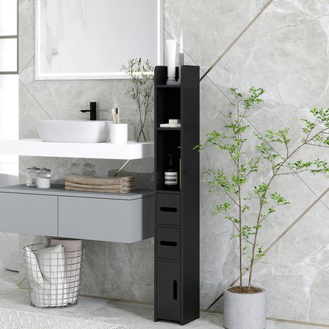 Platzsparender Badezimmer-Säulenschrank mit 3 Ablagen und 3 Schränken, Holz-Säule für Wohnzimmer, Lounge, Küche, 15 x 17 x 120 cm, Schwarz