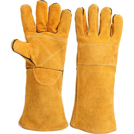 Hitzebeständige Schweißhandschuhe aus Leder mit langen Ärmeln, isolierender Schutz für das Schweißen in der Küche, Grill, Gelb, 35 cm lang