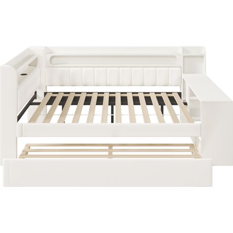 Cama capitoné 140 x 200 con USB, LED, cama nido y escritorio, blanca (1/5)