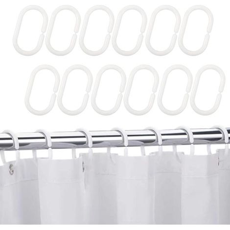 Set di 12 robusti anelli in plastica a forma di C per tenda da doccia, bianchi, per bagno e hotel. (1/4)