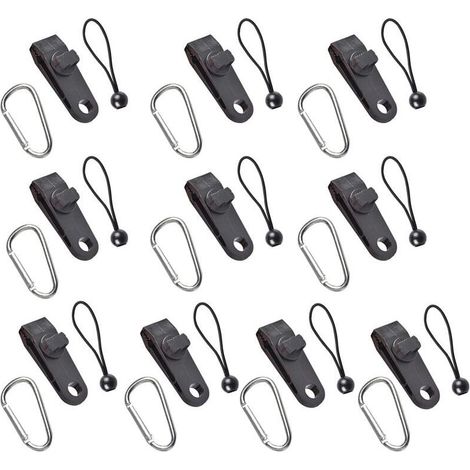 Clips de tente coupe-vent de camping Clips de corde en spirale extérieurs réglables (10 clips de tente + corde noire + crochet en D argenté) pour le camping en plein air (1/5)