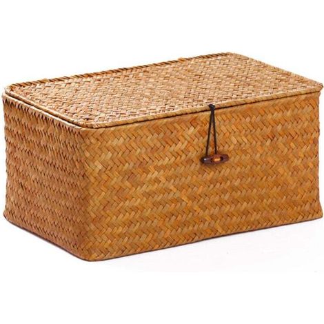 Panier de rangement - boîte de rangement - boîte de rangement avec couvercle - boîte de rangement - bac de rangement - boîte de tri - avec couvercle - avec fermetures - tressé - osier - couleur nature (1/4)