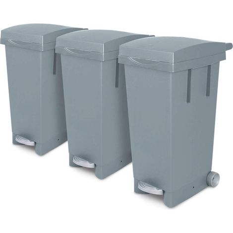 BRB Set, 3x 80 Liter Abfallbehälter mit Rollen, grau, Fußpedal, selbstschließender Deckel, Klemmring für Müllsäcke