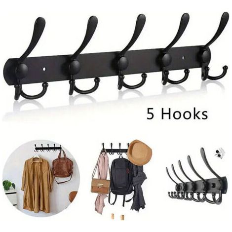 Porte-manteau mural long, 5 crochets pour suspendre des manteaux, patères murales, porte-manteau mural, crochet pour vêtements, veste, chapeaux, noir (1/4)