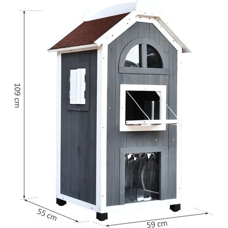 Niche chat en bois sapin gris, meuble 2-en-1 panier et bac à litière, toit asphalte, 59 x 55 x 109 cm, cabane polyvalente pour félin. (1/5)