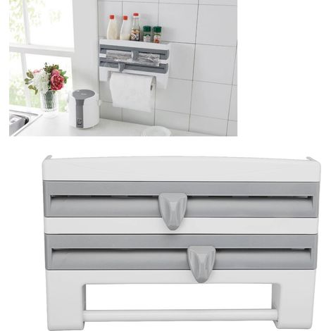 Étagère de rangement créative et multifonctionnelle pour film alimentaire avec coupe-film, étagère de cuisine, boîte de rangement, gris-bleu (1/5)