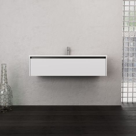 Inda - Badezimmerschrank 1 Schublade B.120 mit mattiertem Waschbecken / Mattweiß - Smeraldo