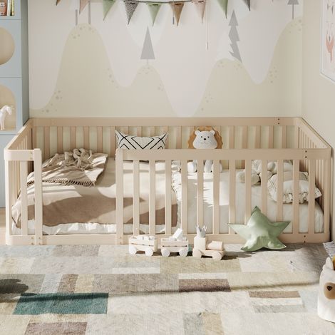 Lit cabane 90x200 cm avec barrières style clôture, design sécurisé pour chambre enfant, structure Crème