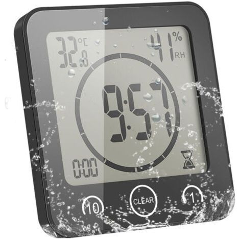 Horloge Multifonctionnelle Étanche avec Minuteur - JINFGERNE - Thermomètre et Hygromètre, Fixation Ventouse pour Salle de Bain et Cuisine, Écran LCD Grand Format (1/4)