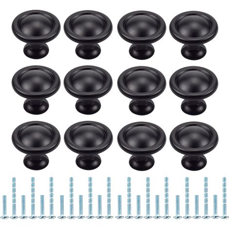 Lot de 12 boutons de tiroir ronds, poignées de cuisine pour meubles, armoires, commodes, portes, bureau, chambre, placards (noir)