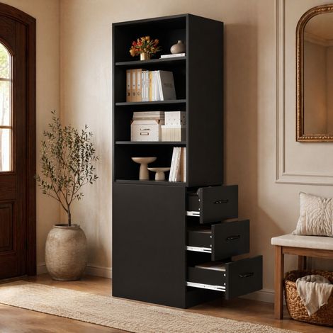 Regal mit 3 Seitenschubladen 60x38x180 cm Schwarz OKMYHOME