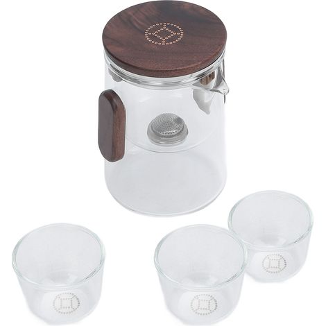 Théière en verre borosilicate 330 ml avec séparation d'eau et filtre, set 3 petites tasses en verre, bois noyer silicone acier 304, pour maison, extérieur et bureau (1/5)
