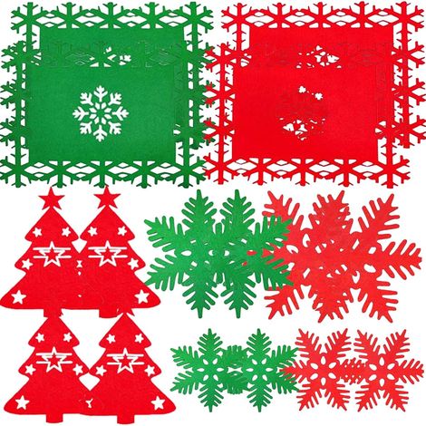 Lot de 16 Sets de Table de Noël : Sets de table en feutre à flocons de neige, sous-verres, sachets porte-couverts en forme de sapin, couvertures pour couteaux et fourchettes de table pour les fêtes de (1/5)