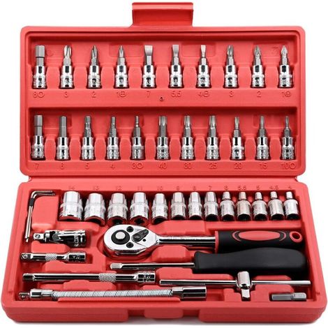 Jeu de 46 clés à cliquet à douille 1/4 pouce avec douilles métriques et rallonge pour réparation automobile et domestique, avec étui de rangement