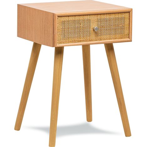 Table de chevet scandinave en bois massif – Tiroir en rotin – Dimensions 40x36x64 cm – Finition effet chêne – Pour chambre ou salon – Nordlys (1/5)