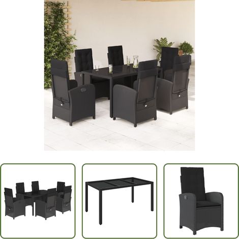 vidaXL Gartenessgruppe - 7-tlg. Garten-Essgruppe mit Kissen Schwarz Poly Rattan (1/5)
