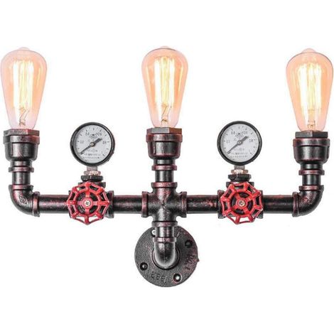 Aplique de pared con forma de tubería de agua, estilo industrial, retro, steampunk, vintage, de metal, para interior y exterior, 3 bombillas, para bar, comedor y cocina. (1/5)