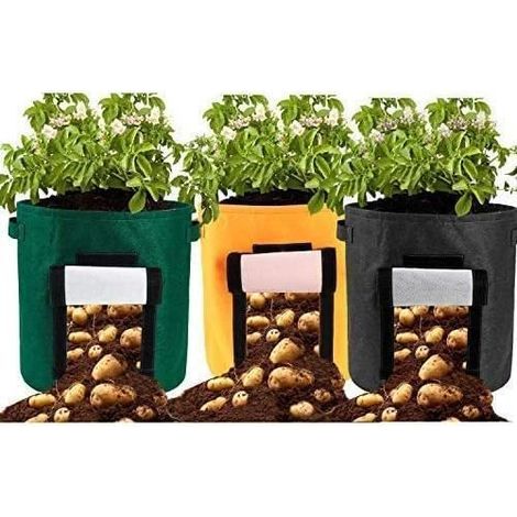 Set of 3 non-woven potato grow bags with handles and a viewing window for vegetables.