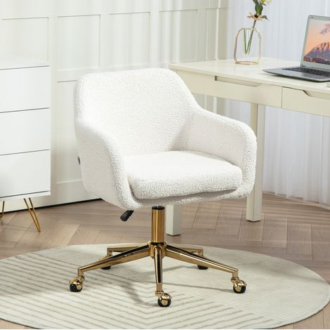 Sedia da ufficio in poliestere bianco crema 60x61x79-88 cm, girevole 360°, pistone a gas, braccioli imbottiti (1/5)