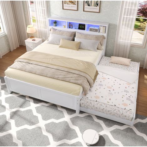 Doppelbett mit Ausziehbett und Stauraum 120x200 Weiß OKMYHOME (1/5)