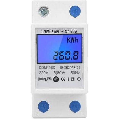 Compteur électrique Monophasé, 5-80A DDM15SD Mètre Relais Electronique d'Energie KWh Monophasé d'Affichage Numérique de Contre-jour d'Affichage à Cristaux Liquides, Compteur d'énergie à rail DIN (1/5)