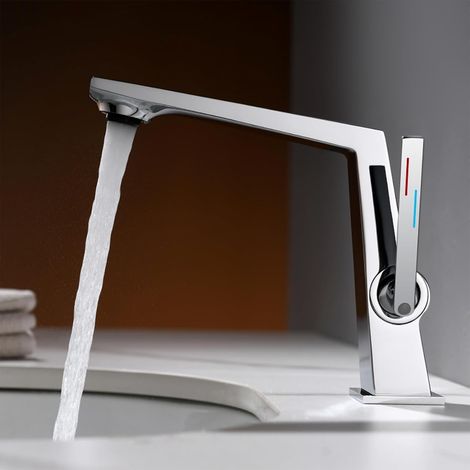 Chrome-plated brass bathroom faucet, single-handle hot/cold basin mixer tap, modern design (1/5)